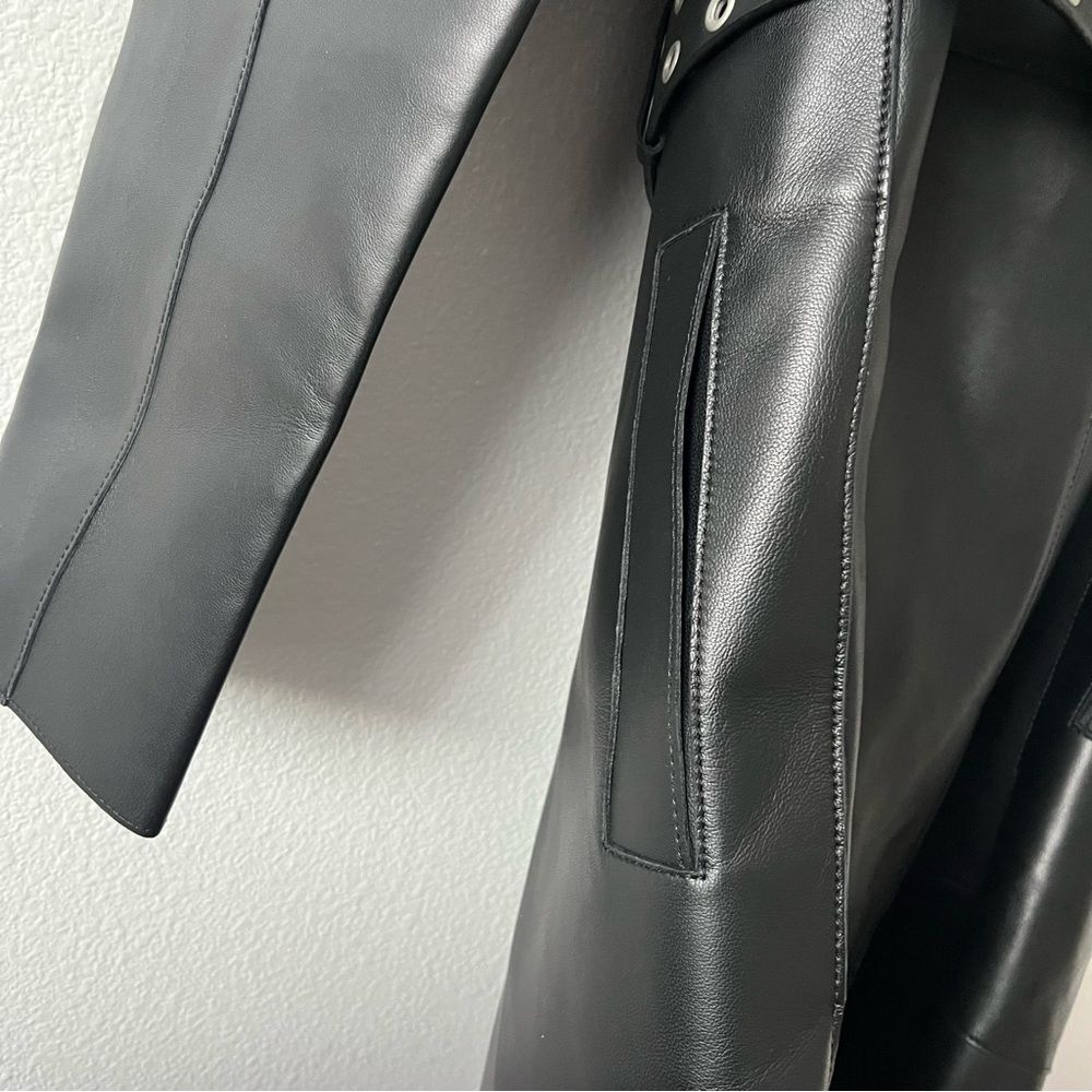 All Saints Farren Leather Belted Long Black Trench Coat Goth Grunge Moto 6 NEW - Picture 15 of 16